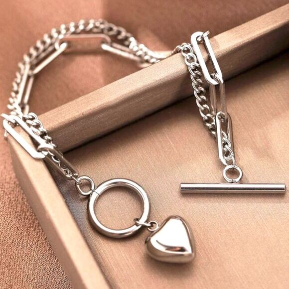 SALE Silver Chain Layered Heart Bracelet - Picture 1 of 5